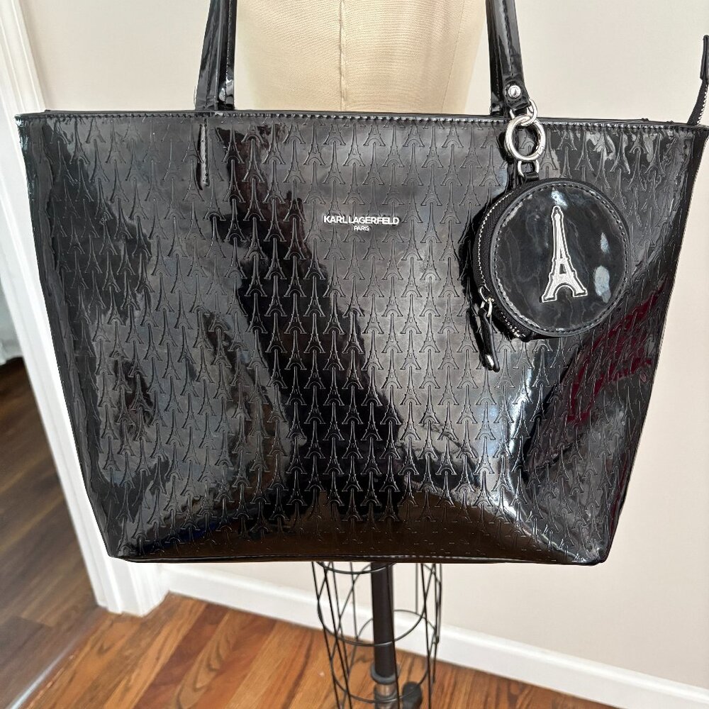 Karl Lagerfeld Paris Logo Tote Coin Purse Black Patent Leather Parisian Chic - Picture 2 of 16